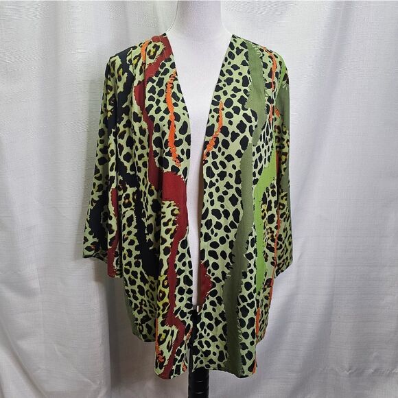 Bob Mackie Wearable Art Green Animal Print Abstract Open Front Blouse Medium - Picture 1 of 7
